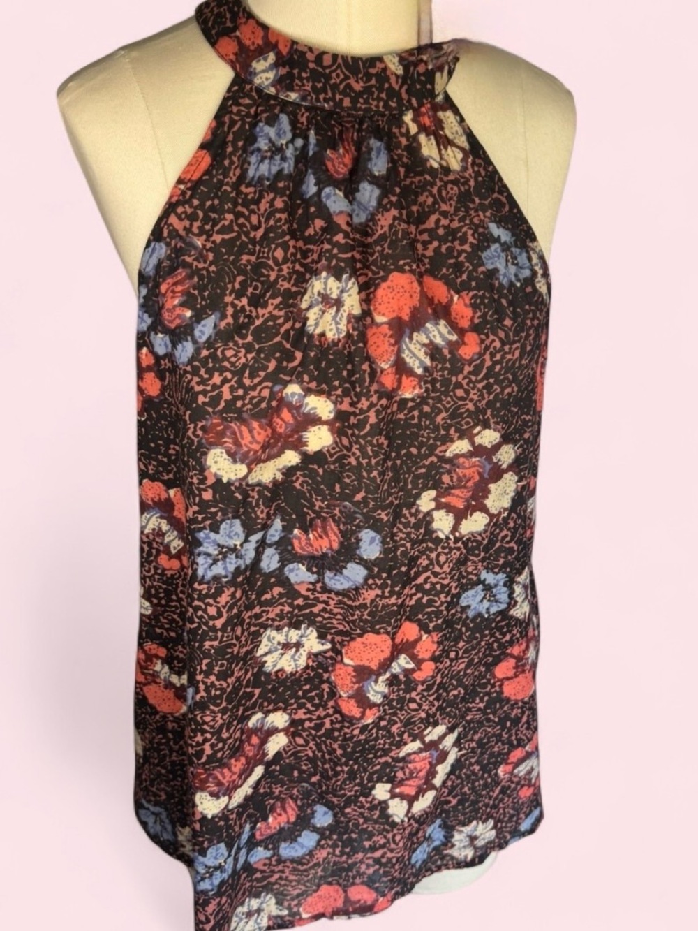 Cleobella Black Halter Floral Print top with tie Red, Blue & Cream colorway sz m
